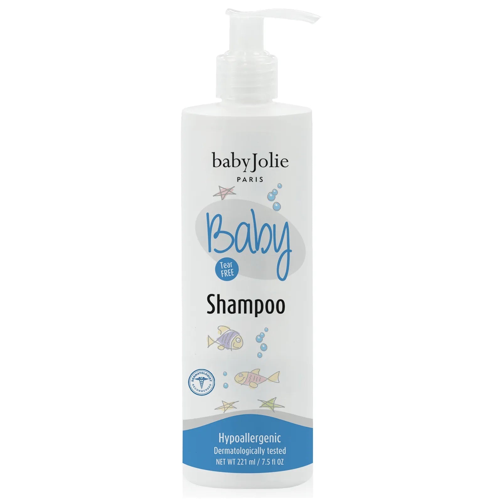Baby Jolie tear-free baby shampoo in a 7.5oz white pump bottle with cute fish and starfish illustrations.