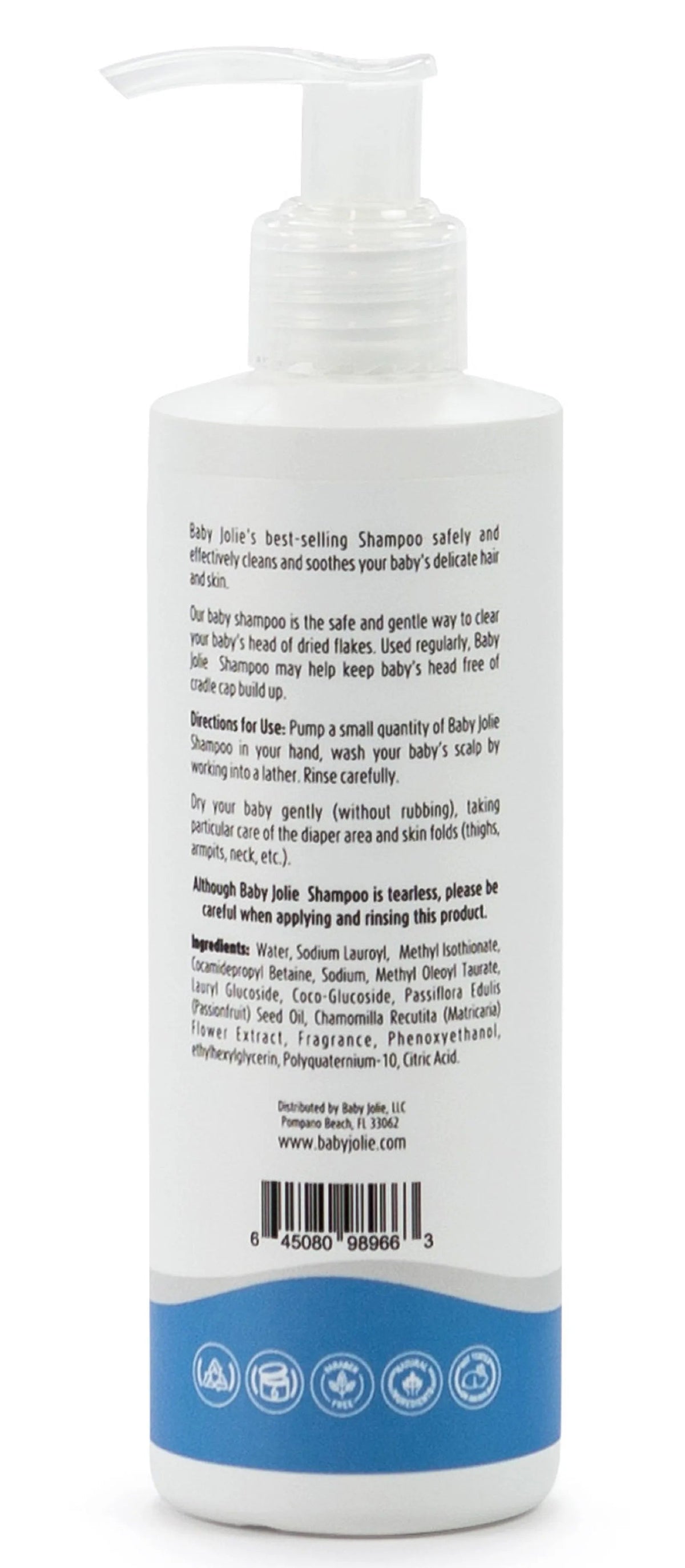 White 7.5oz Baby Jolie shampoo bottle with a pump dispenser, featuring detailed product instructions and ingredients on the back.