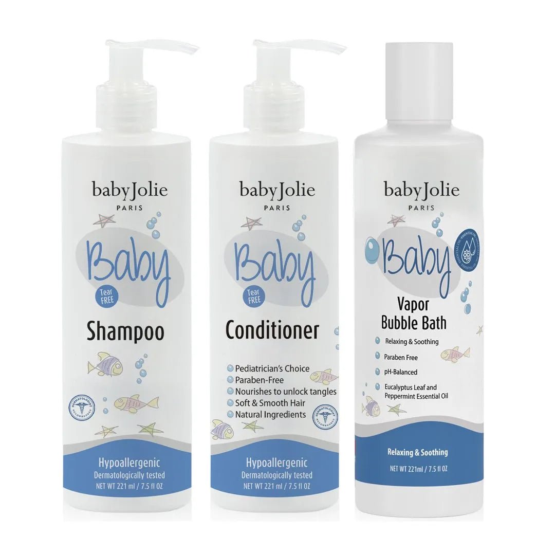 Baby Jolie bath time bundle with shampoo, conditioner, and vapor bubble bath in 7.5oz white pump bottles with blue accents.