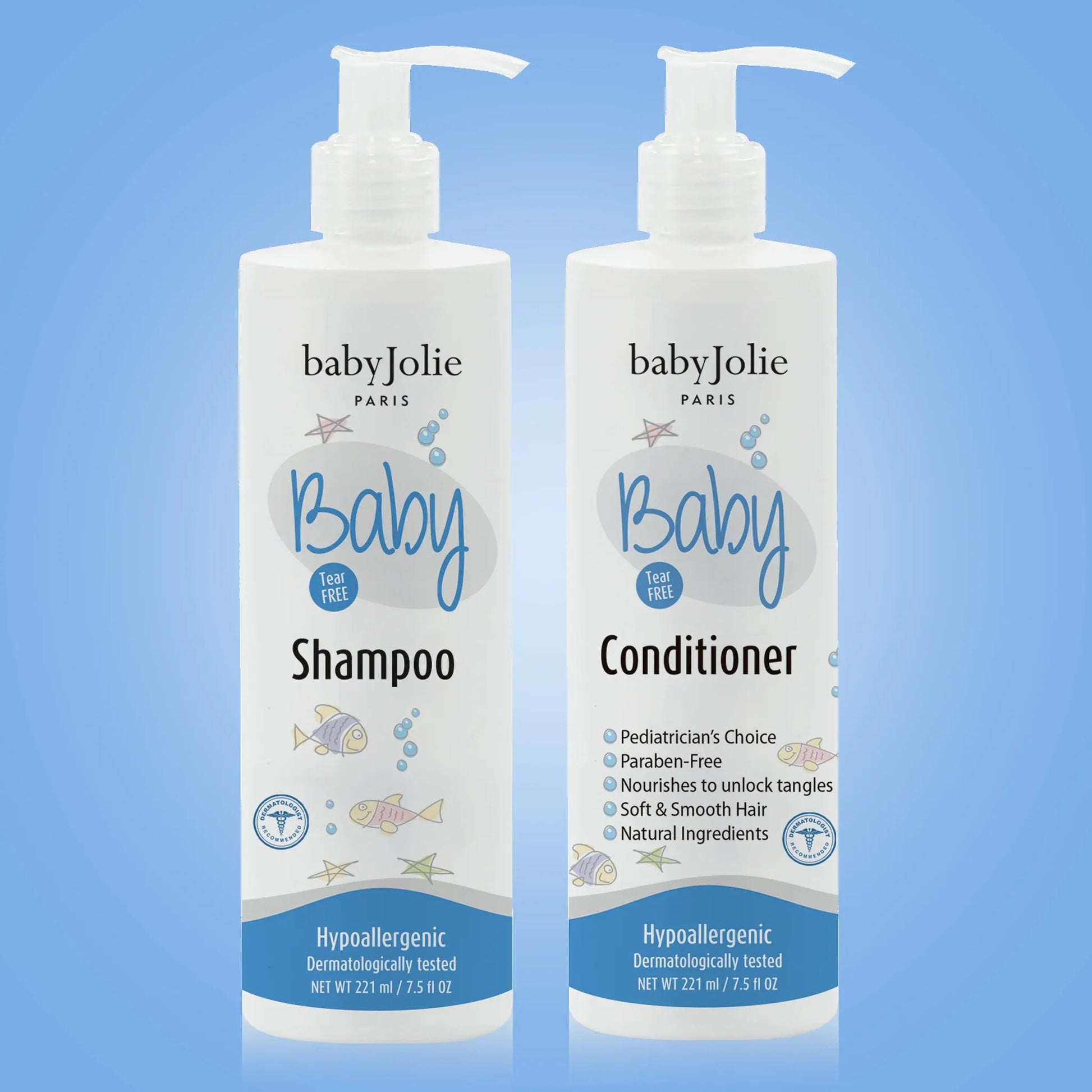 Baby Jolie tear-free shampoo and conditioner set in white pump bottles with blue fish and star illustrations.