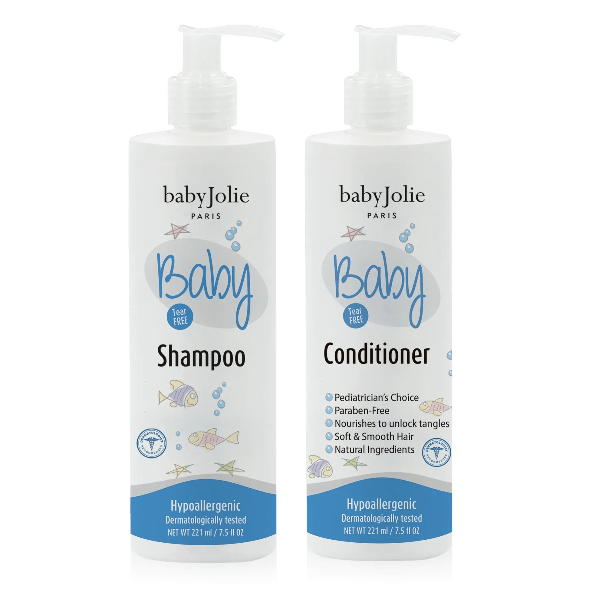 Two white 7.5 fl oz pump bottles of Baby Jolie tear-free shampoo and conditioner with blue fish and star graphics.