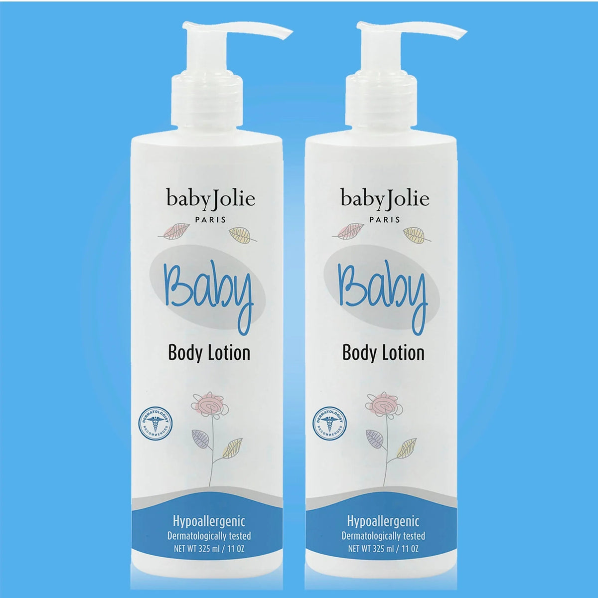 Two white 325ml pump bottles of babyJolie moisturizing body lotion with floral designs on a blue background.