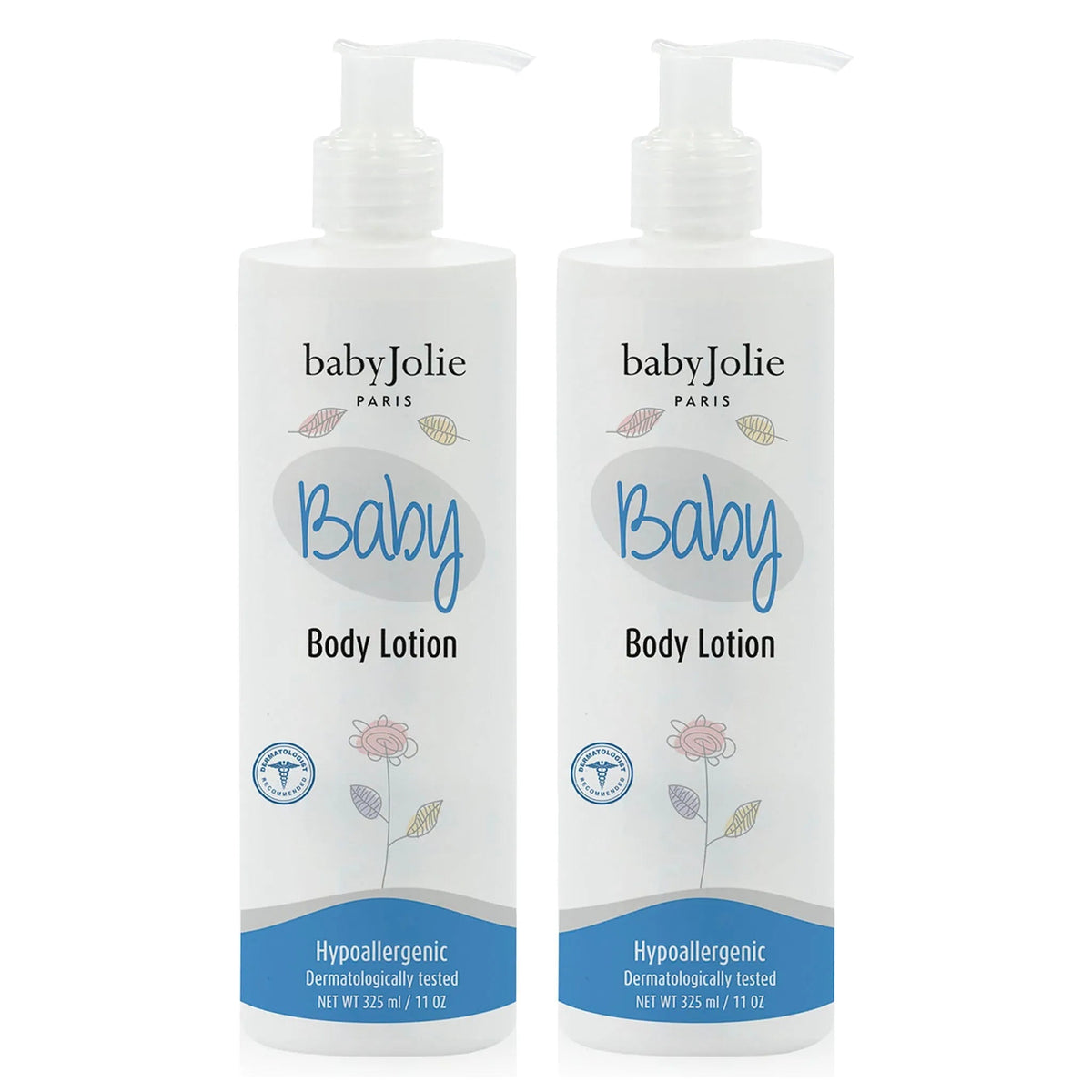 Two white 11 oz pump bottles of babyJolie moisturizing body lotion with floral accents and blue hypoallergenic labels.