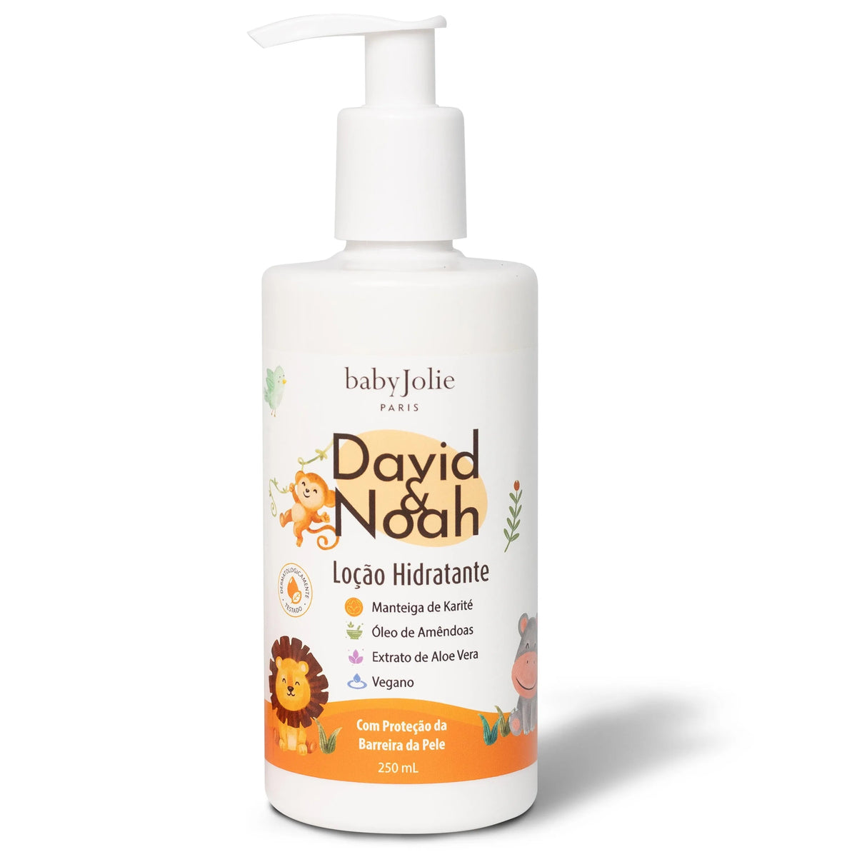 White 250ml pump bottle of David & Noah moisturizing lotion with cute animal illustrations and natural ingredients.
