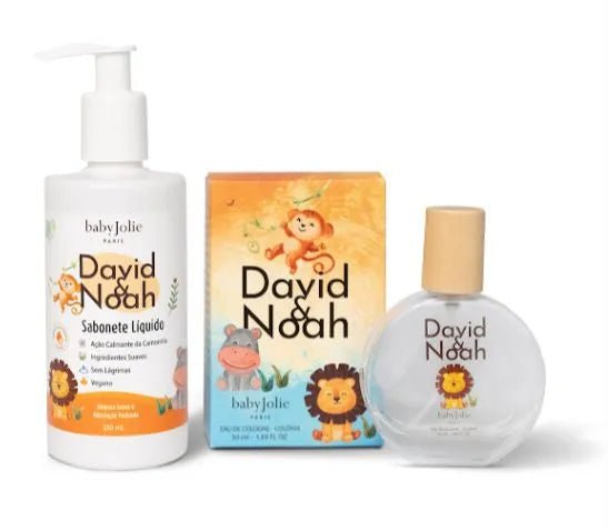David & Noah baby care set featuring a pump bottle of liquid soap, a cologne box, and a round glass perfume bottle.