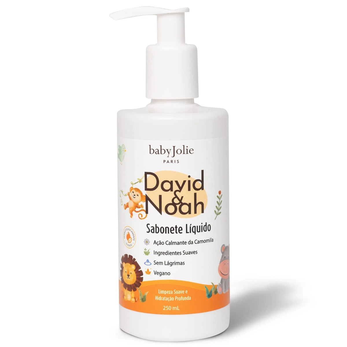 David & Noah baby body wash in a white 250ml pump bottle with cute animal illustrations and chamomile extract.