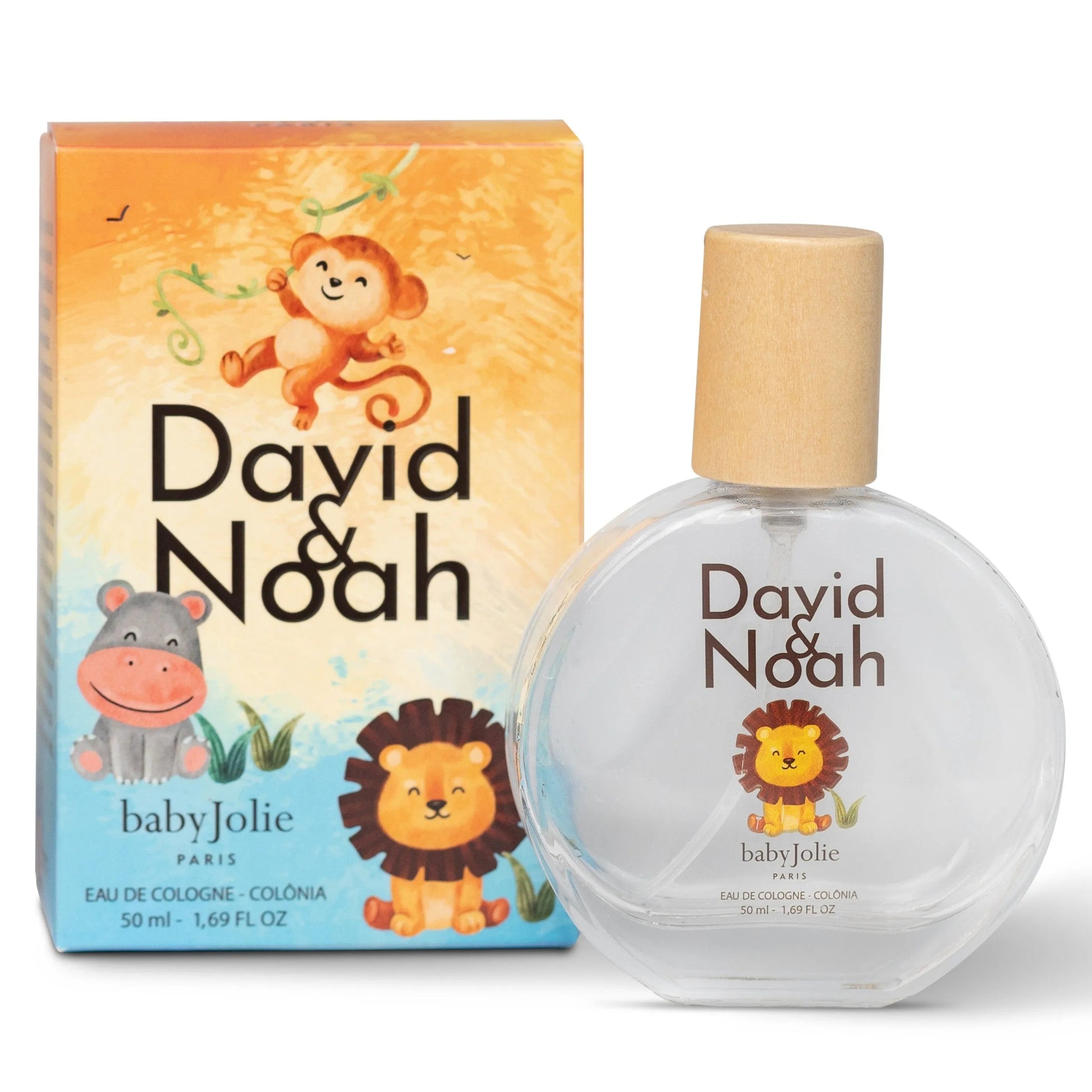 David & Noah kids perfume bottle with a wooden cap and colorful box featuring cute animal illustrations.