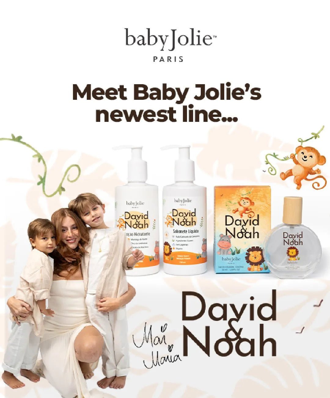 David & Noah body wash and skincare set with pump bottles and perfume, featuring cute animal illustrations and Mari Maria.