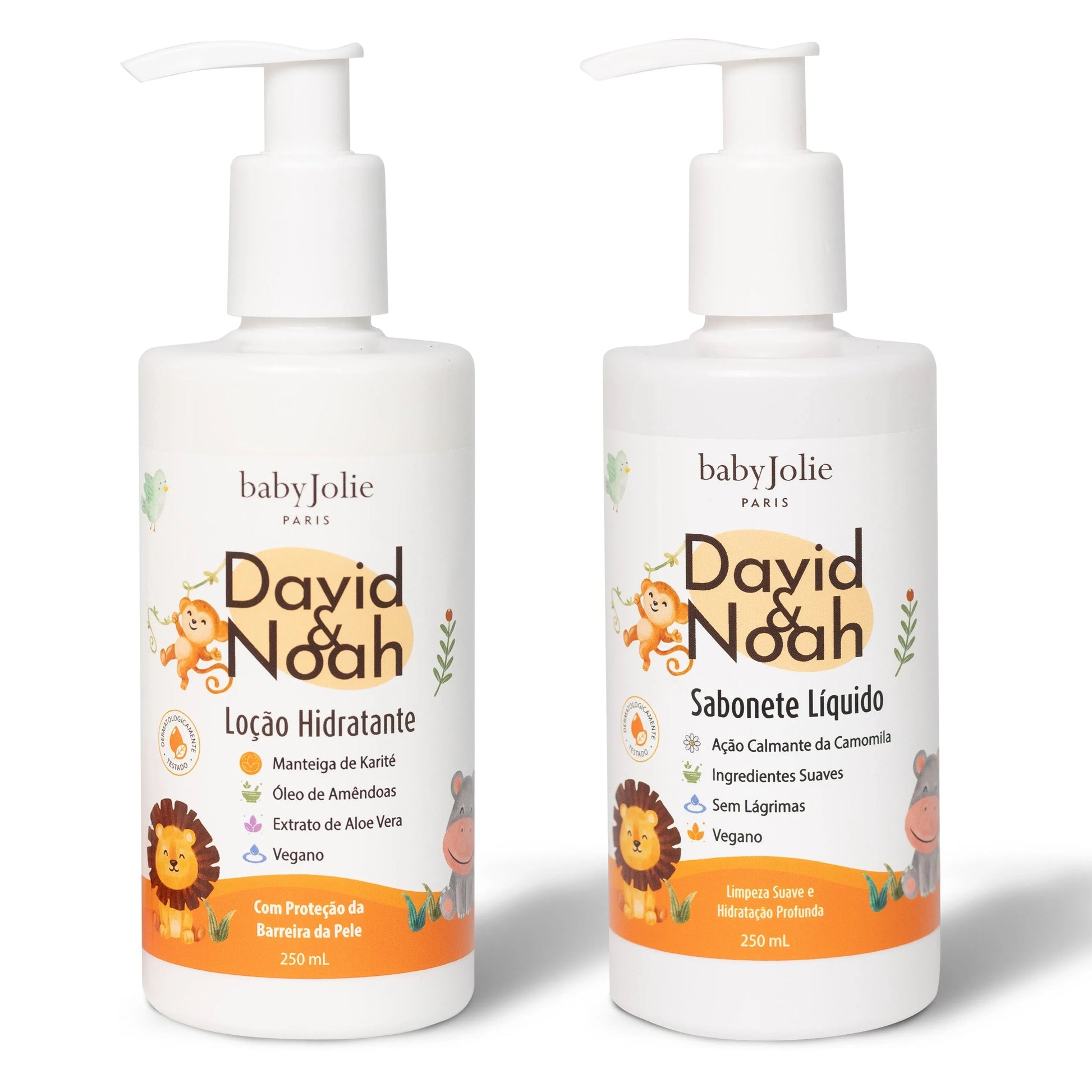 Two 250ml white pump bottles of Baby Jolie David & Noah vegan lotion and liquid soap with cute animal illustrations.