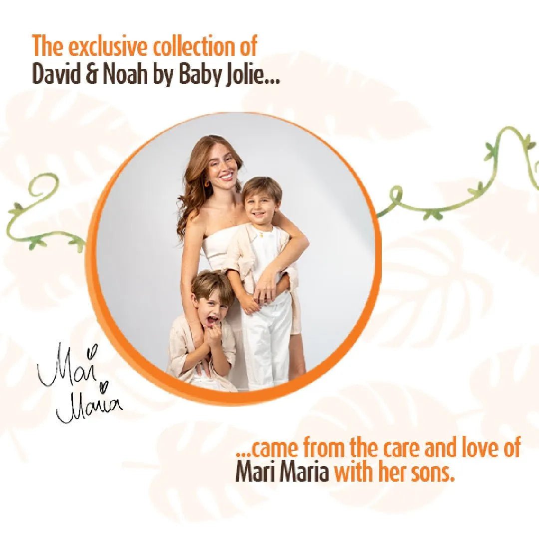 Mari Maria smiling with her two sons in a circular frame with orange borders and botanical leaf background.