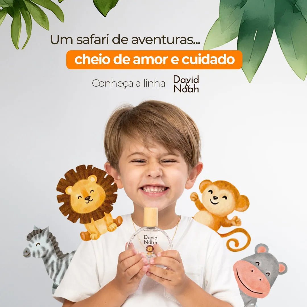 Smiling child holding a David & Noah perfume bottle surrounded by watercolor safari animal illustrations.