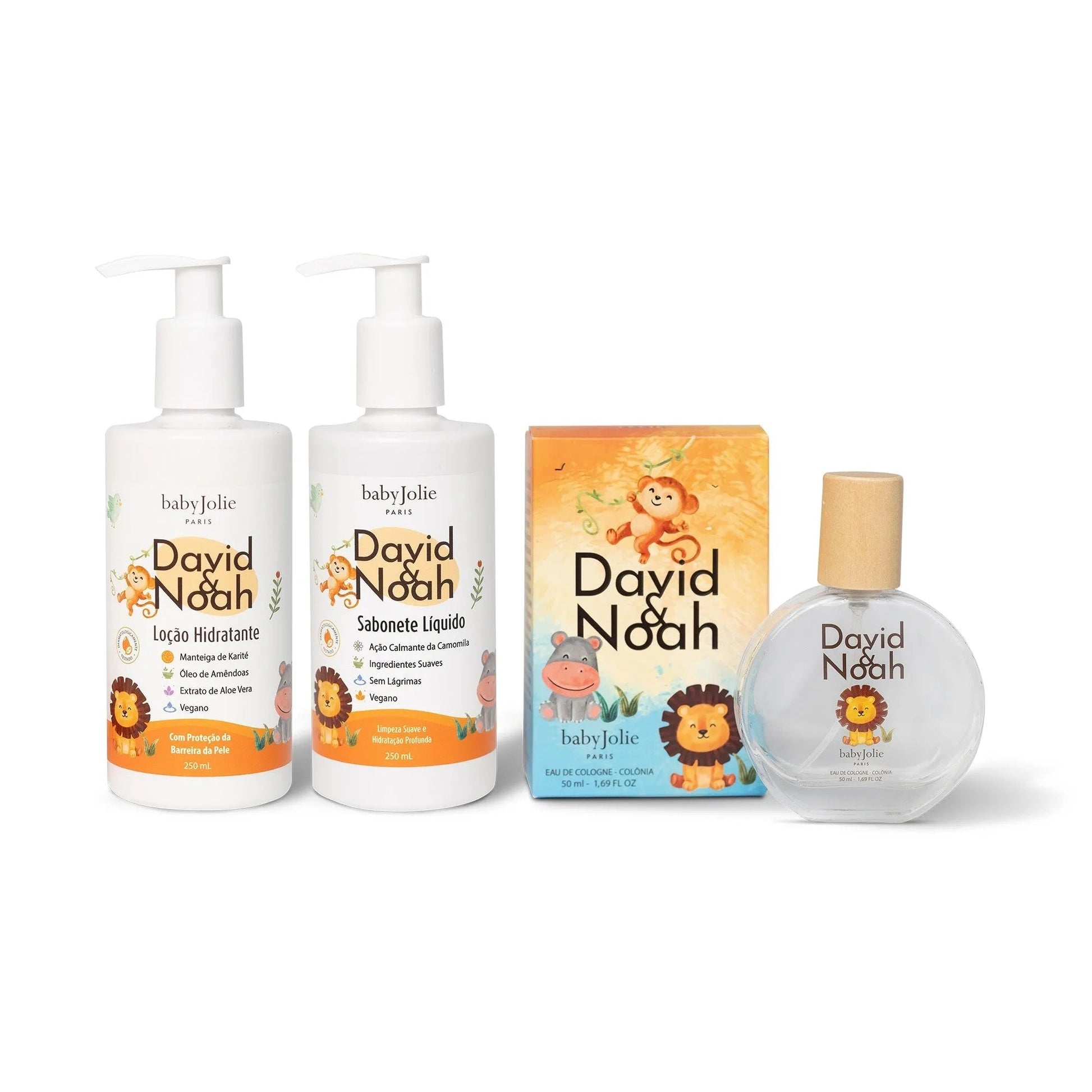David & Noah baby care set with two pump bottles, a cologne box, and a glass perfume bottle featuring cute animal art.
