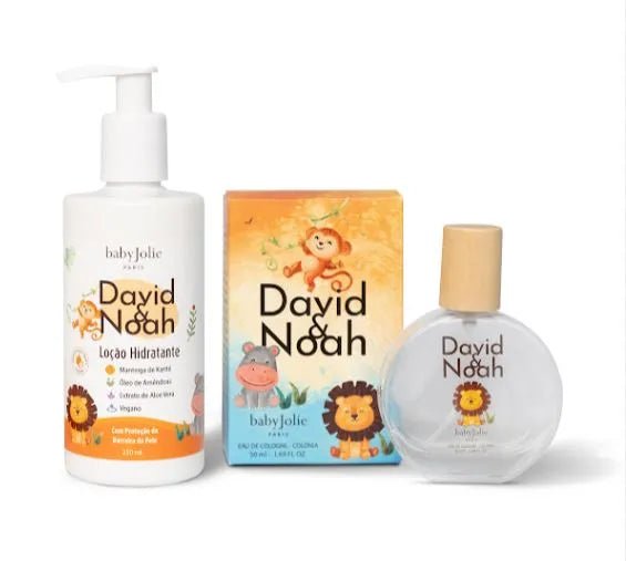 David & Noah baby skincare set featuring a moisturizing lotion pump bottle, cologne box, and glass perfume bottle.