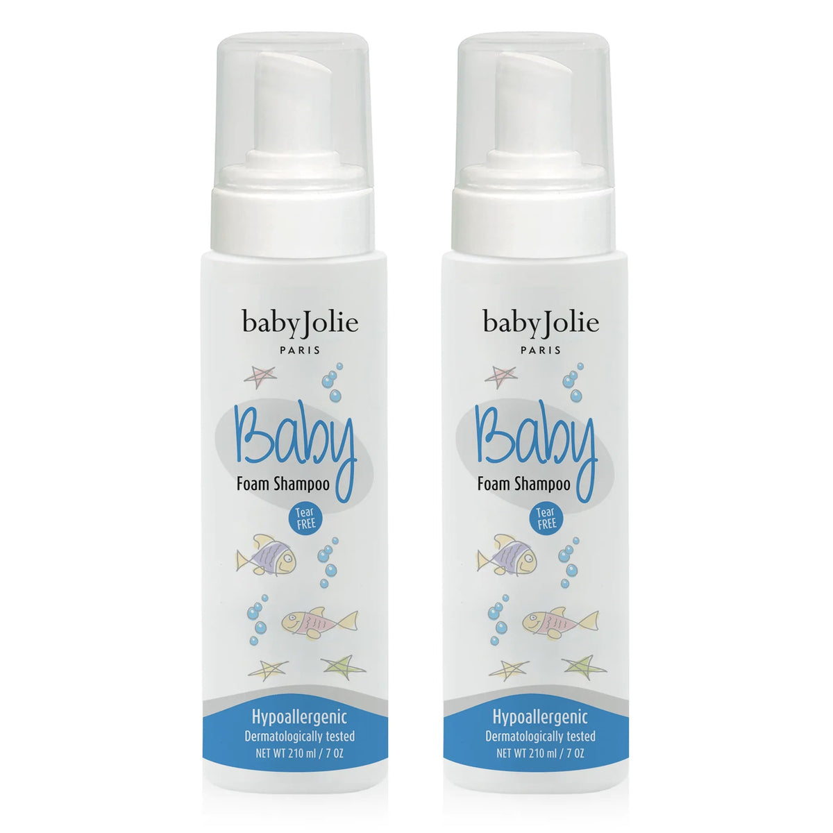 Two 7oz bottles of Baby Jolie tear-free foam shampoo with white pump dispensers and playful fish and bubble graphics.