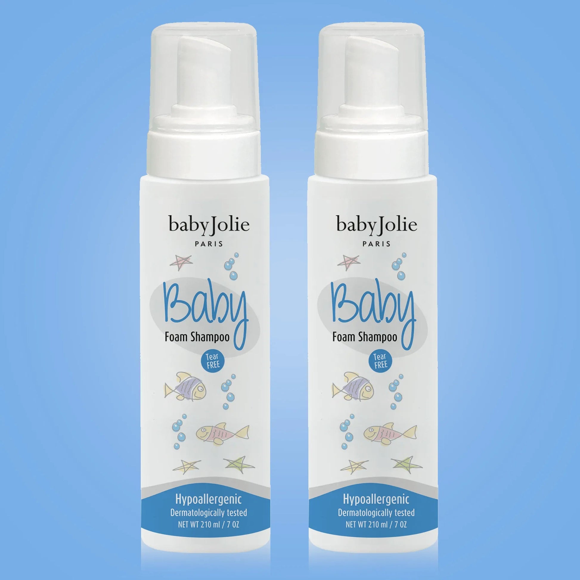 Two 7oz bottles of Baby Jolie tear-free foam shampoo with white pump dispensers and playful fish and bubble graphics.
