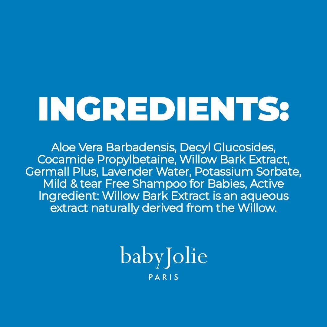 Baby Jolie foam shampoo ingredients list in white text on a blue background, highlighting aloe vera and willow bark.