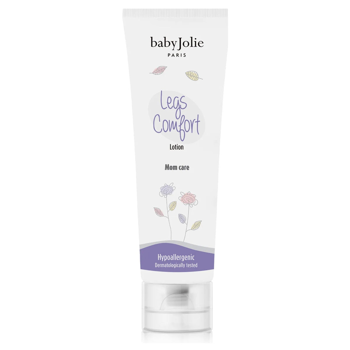 White squeeze tube of Baby Jolie Legs Comfort Lotion featuring purple floral illustrations and a clear flip-top cap.