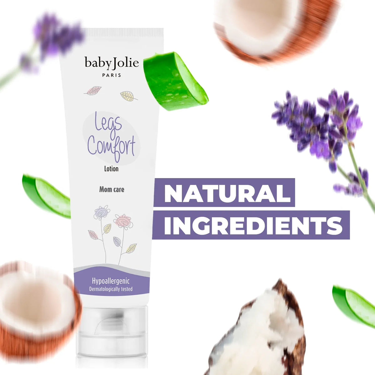 Baby Jolie Legs Comfort cream tube surrounded by lavender, aloe vera, and coconut illustrations on a white background.
