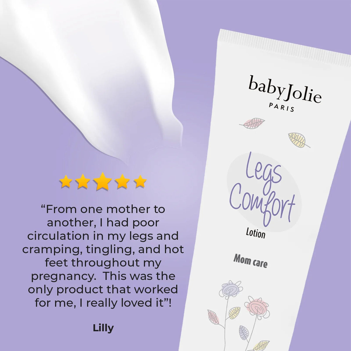 Baby Jolie Legs Comfort cream tube on a lavender background with a five-star review and a soft white cream swirl.