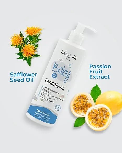 Baby Jolie white pump bottle of baby conditioner with safflower and passion fruit illustrations on a light background.