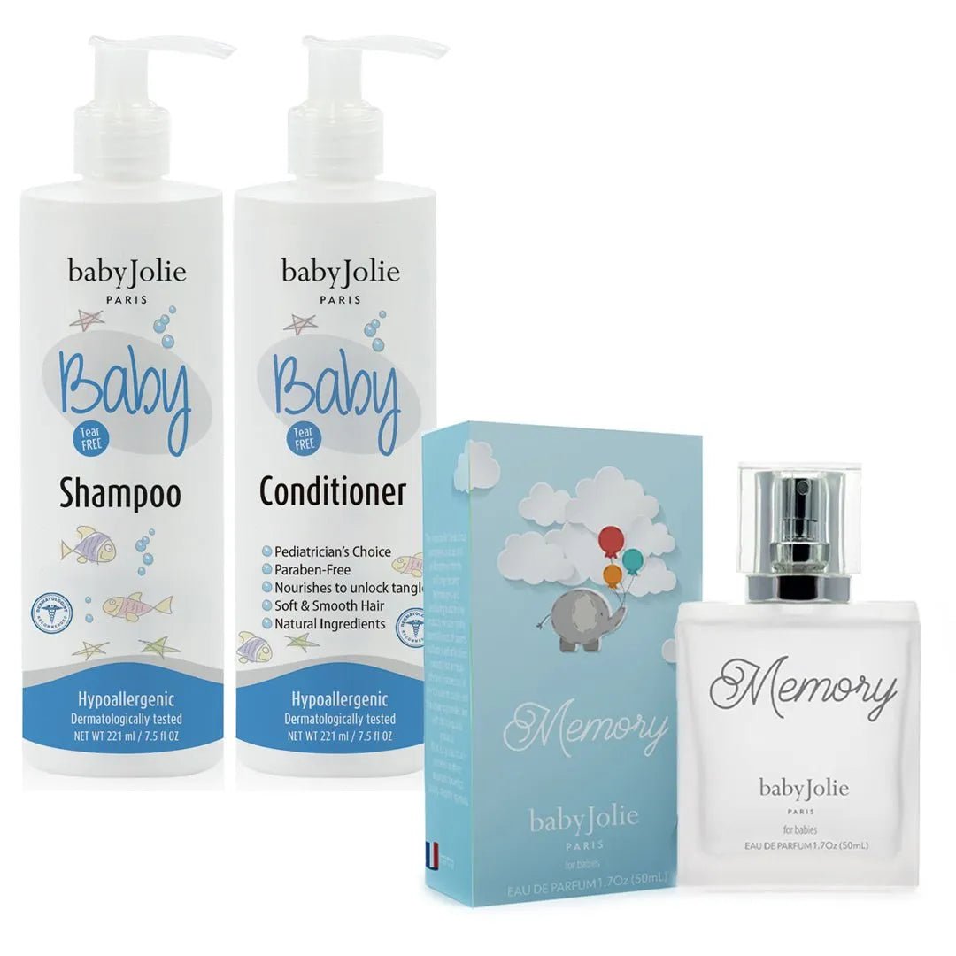 Baby Jolie bundle with two 7.5oz pump bottles of baby shampoo and conditioner plus a 1.7oz Memory perfume in a blue box.