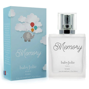 Baby Jolie Memory perfume 1.7oz bottle and light blue box with a cute elephant and balloon illustration.