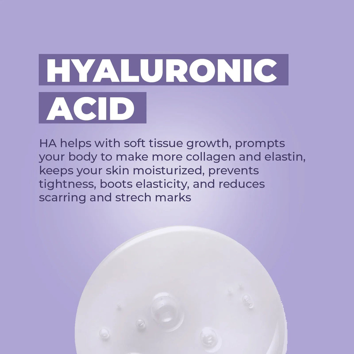 Clear gel drop on a soft purple background with white text explaining the benefits of Hyaluronic Acid for postpartum skin.