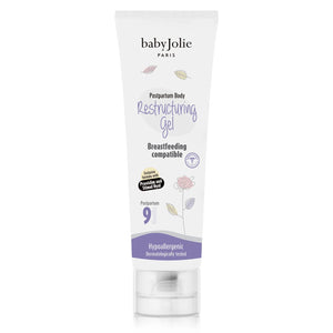 White tube of Baby Jolie Postpartum Restructuring Gel with floral accents, purple branding, and a clear flip-top cap.