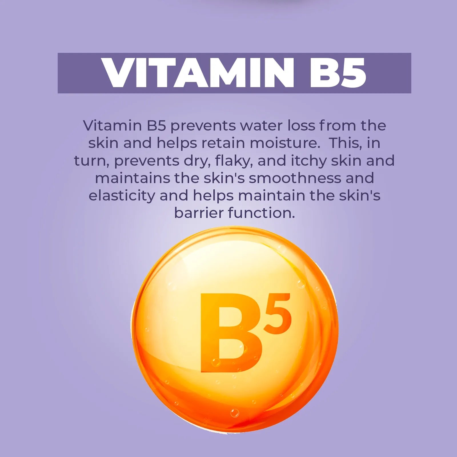 Infographic highlighting Vitamin B5 benefits for postpartum skin with a glowing orange B5 sphere on a soft purple background.