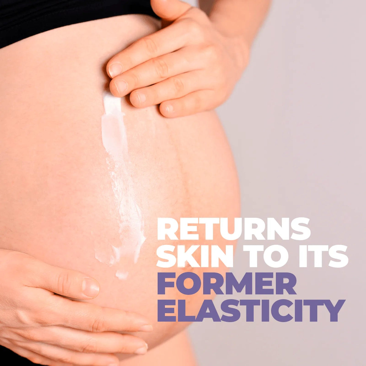A woman applying white postpartum restructuring gel to her belly, with text overlay about restoring skin elasticity.