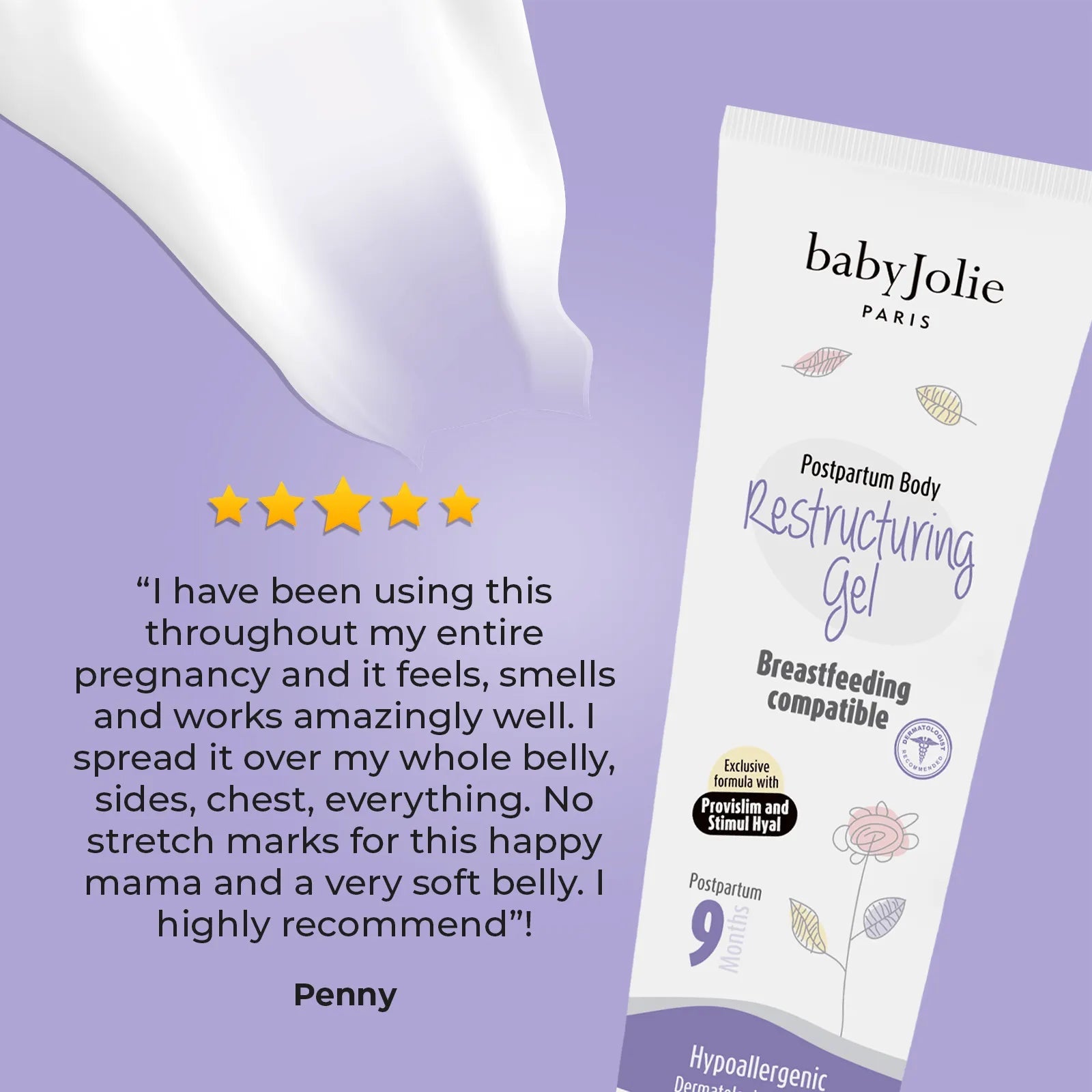 Baby Jolie Postpartum Restructuring Gel tube on a light purple background with a five-star review and floral illustrations.