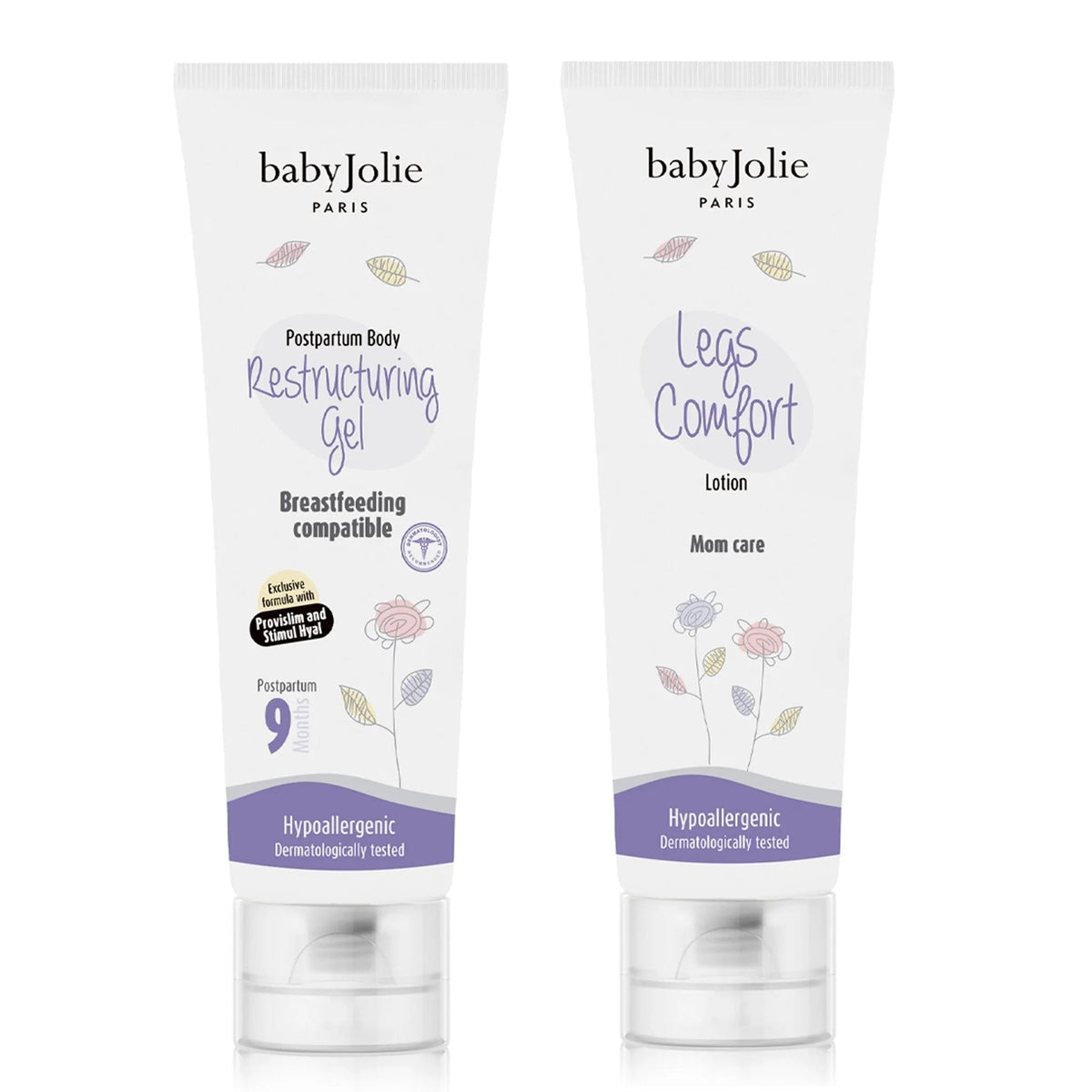 Baby Jolie white tubes of Postpartum Restructuring Gel and Legs Comfort lotion with floral accents and purple branding.