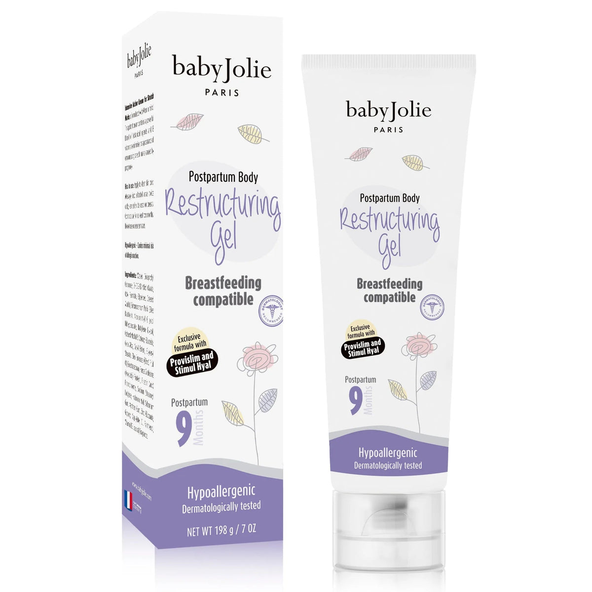 Baby Jolie Postpartum Restructuring Gel tube and box with white packaging, purple accents, and floral illustrations.