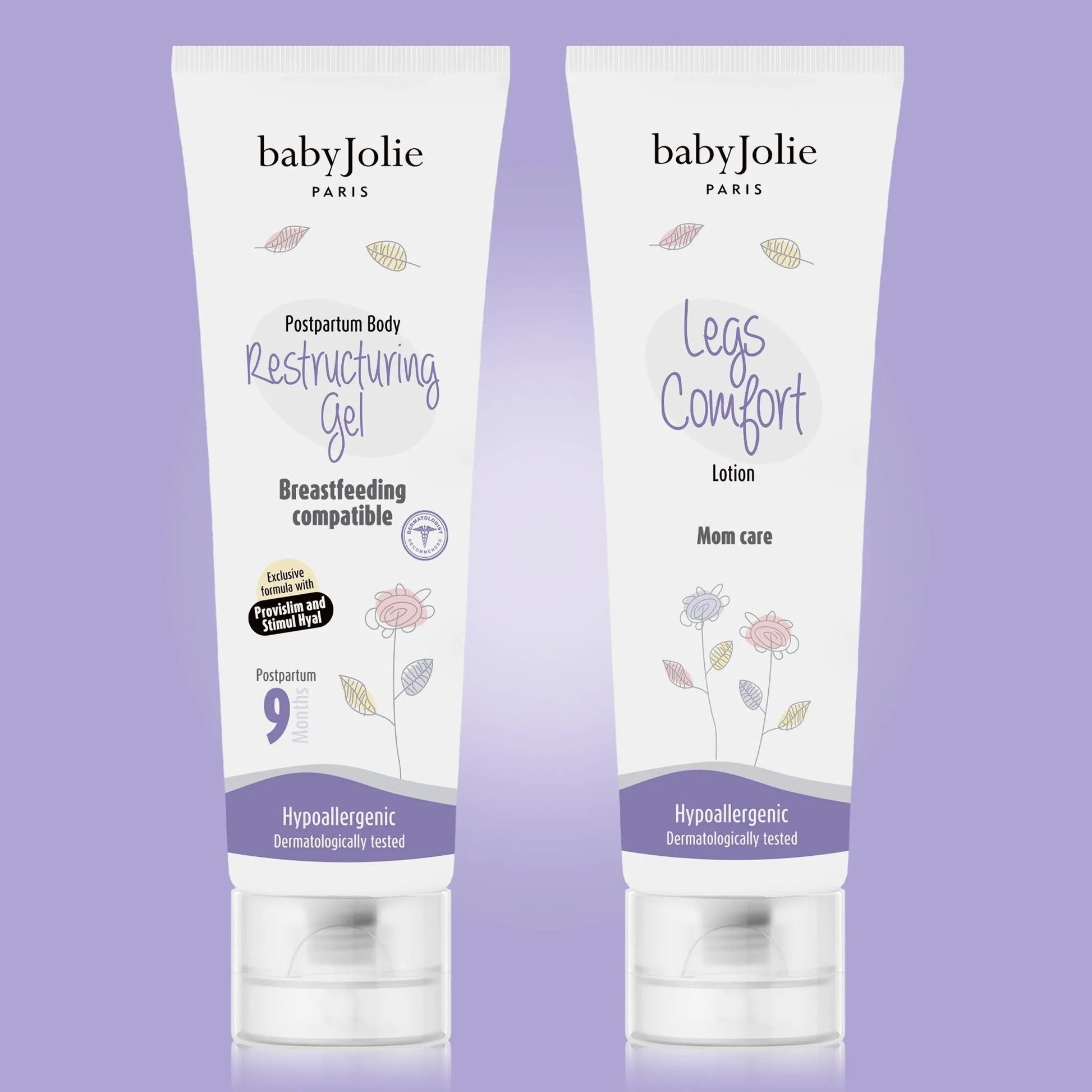 Baby Jolie Postpartum Restructuring Gel and Legs Comfort lotion tubes in white packaging with floral accents.