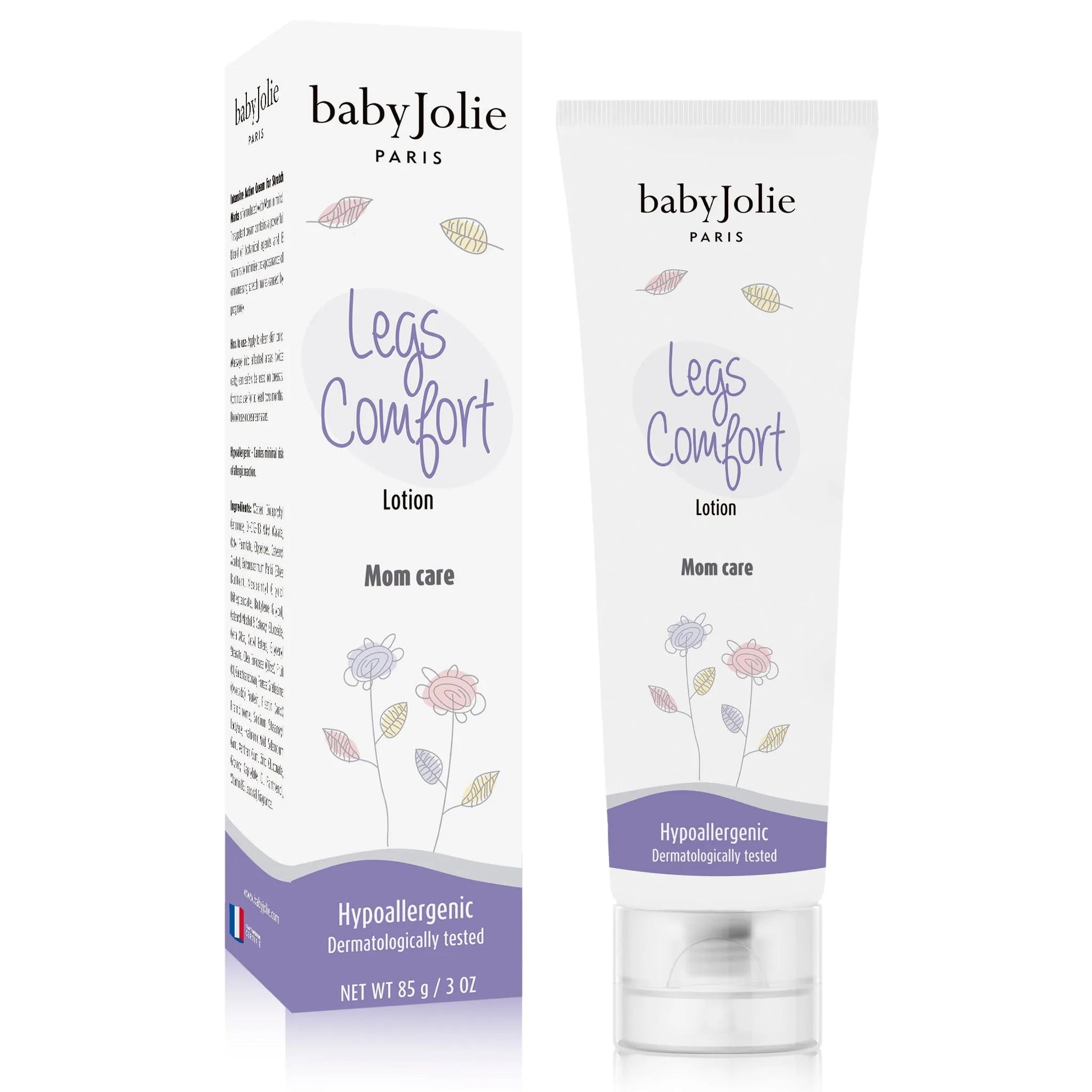 Baby Jolie Legs Comfort lotion tube and box with floral illustrations, white packaging, and purple accents.
