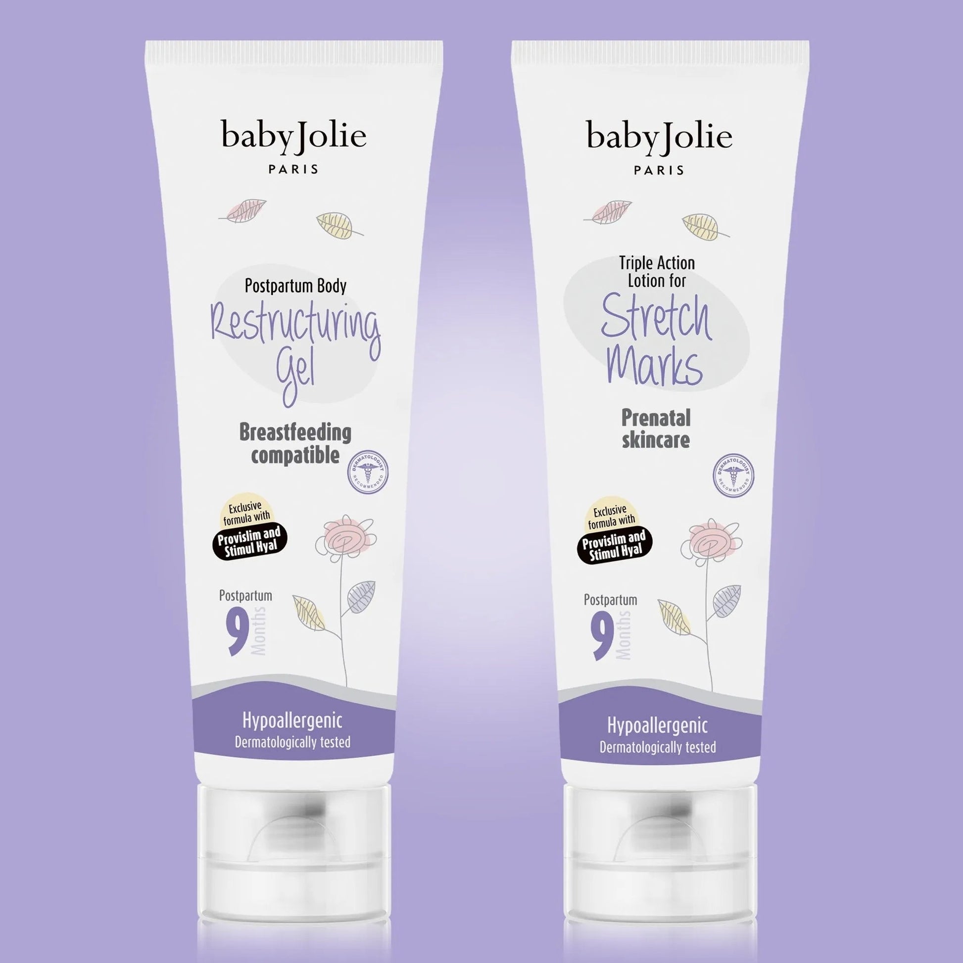 Baby Jolie Paris postpartum restructuring gel and stretch mark lotion tubes with floral designs on a purple background.