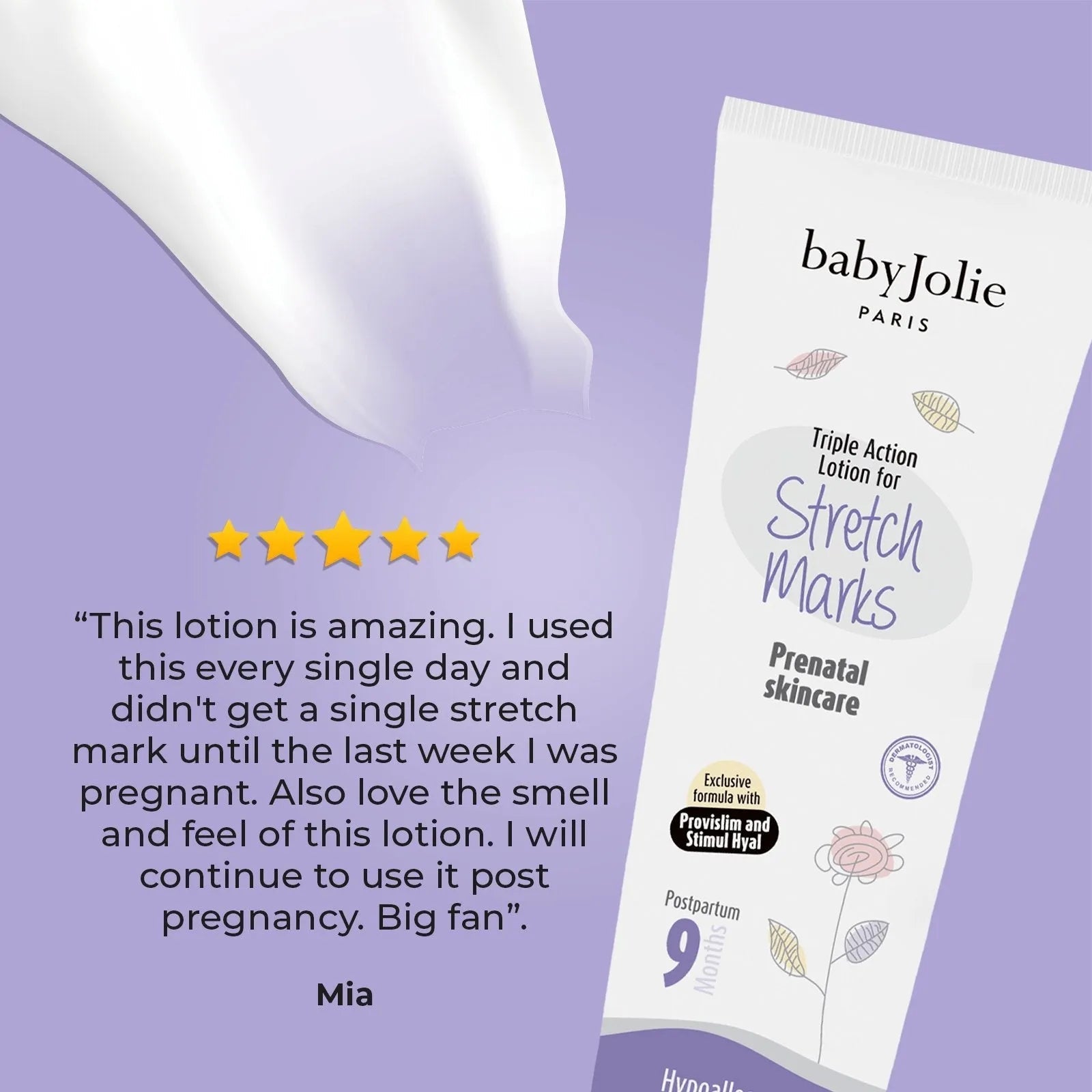 Baby Jolie Paris stretch mark lotion tube on a purple background with a five-star customer review and cream texture.