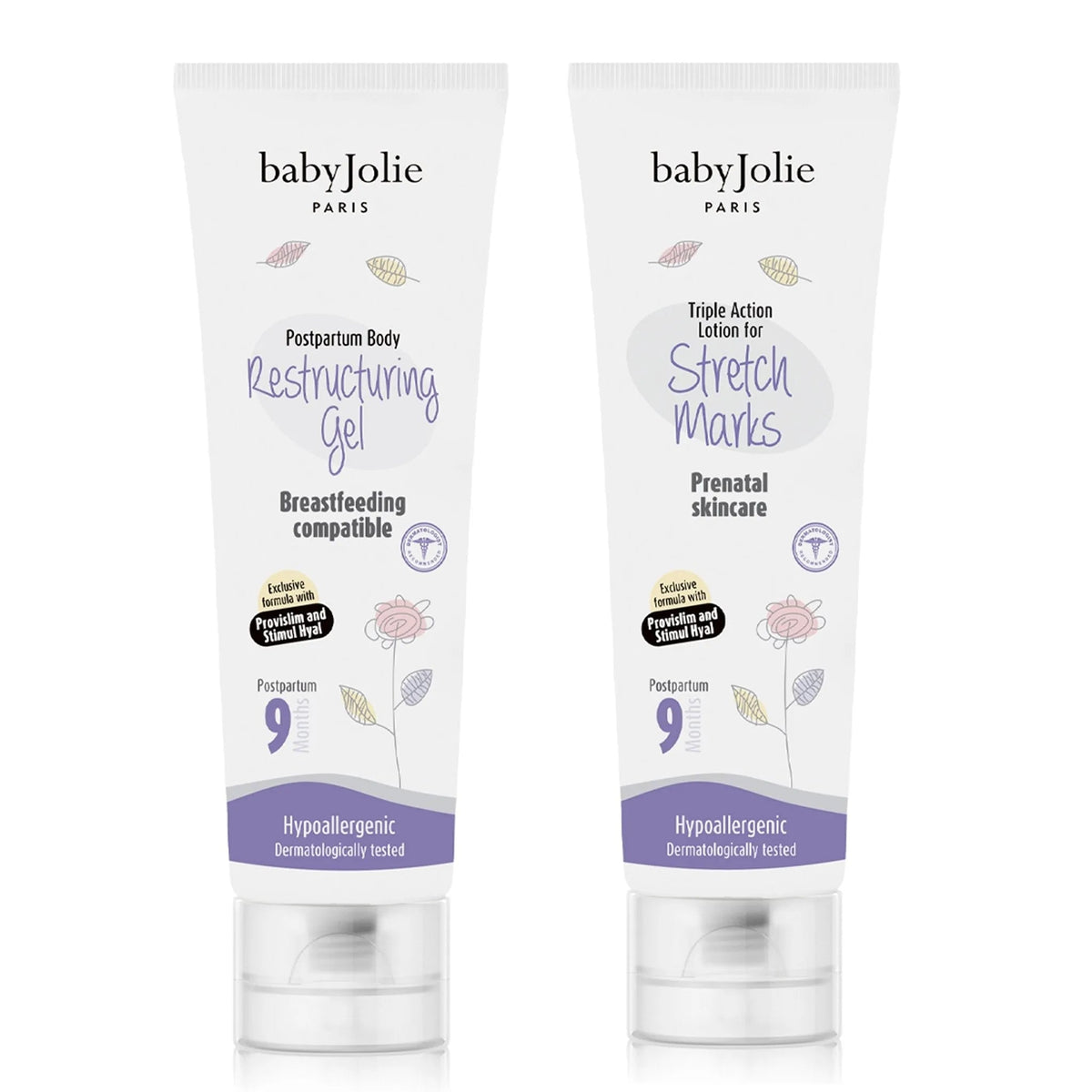 Baby Jolie Paris postpartum restructuring gel and stretch mark lotion set in white tubes with purple accents.