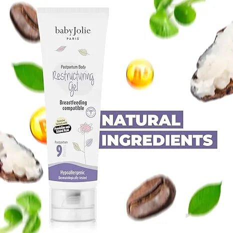 Baby Jolie Postpartum Restructuring Gel tube surrounded by floating coffee beans, green leaves, and natural ingredients.