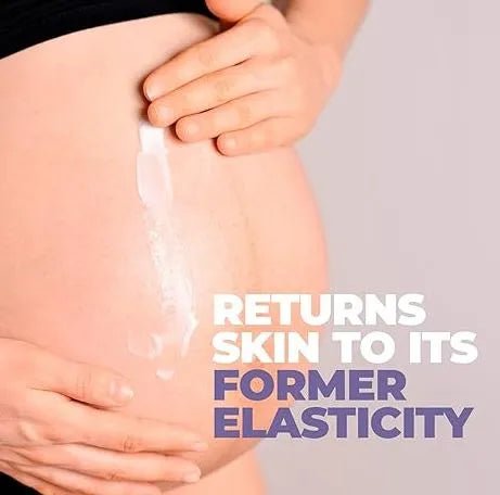 Pregnant woman applying white restructuring gel to her belly to improve skin elasticity and reduce stretch marks.