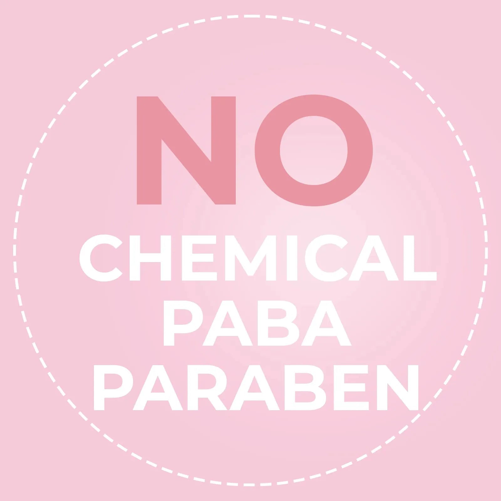Pink circular badge stating No Chemical, PABA, and Paraben in white and dark pink text for baby bath products.