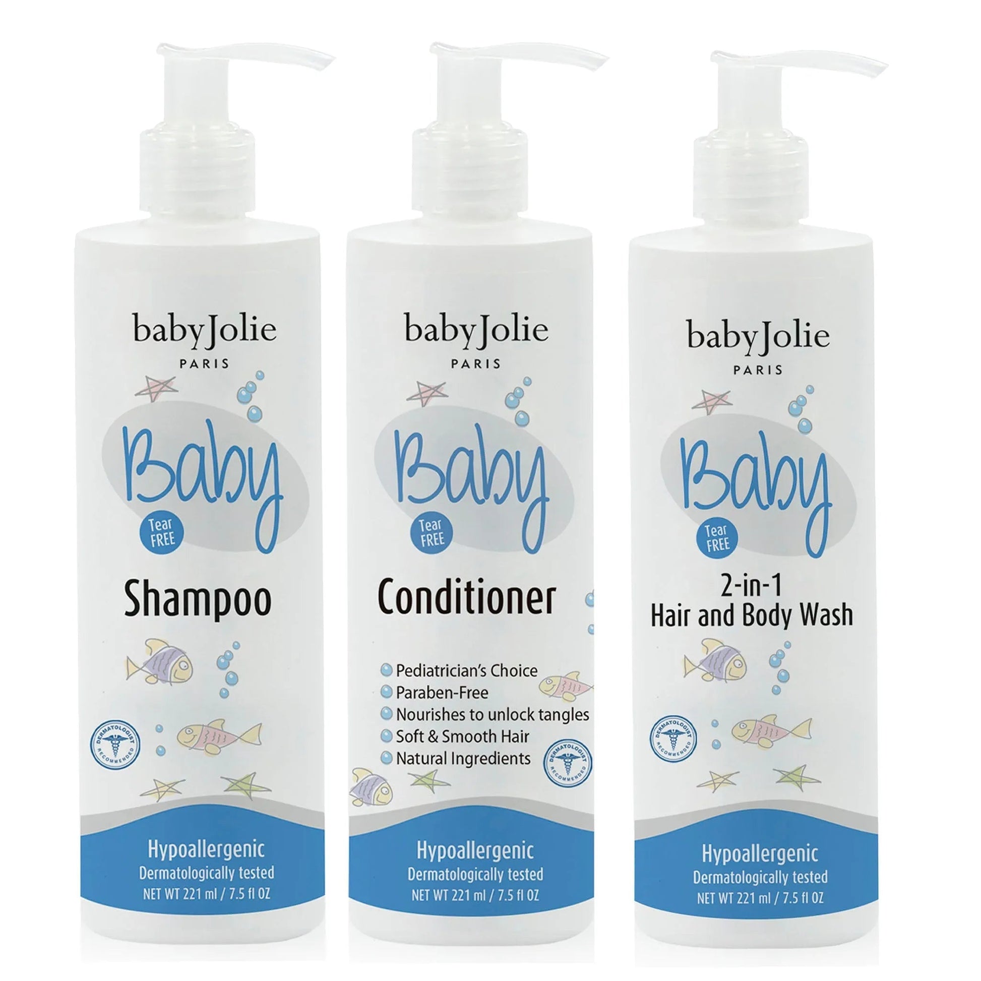 Three white 7.5oz Baby Jolie pump bottles for shampoo, conditioner, and body wash with blue labels and cute fish graphics.