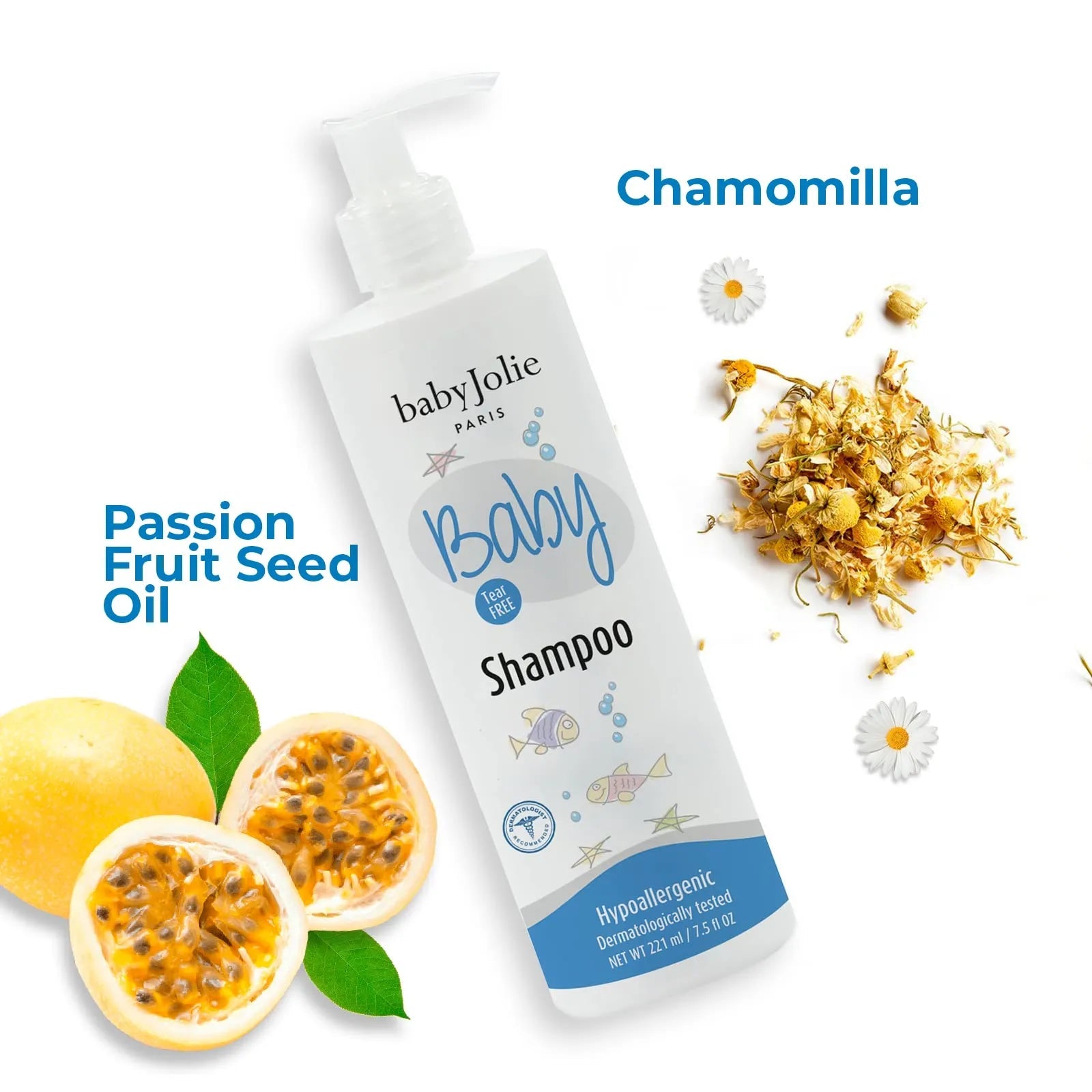 Baby Jolie tear-free baby shampoo bottle with pump, surrounded by passion fruit and dried chamomile flowers.