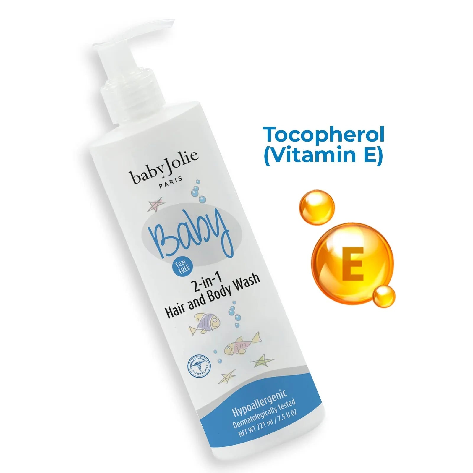 Baby Jolie 2-in-1 tear-free hair and body wash pump bottle with Vitamin E illustration on a white background.