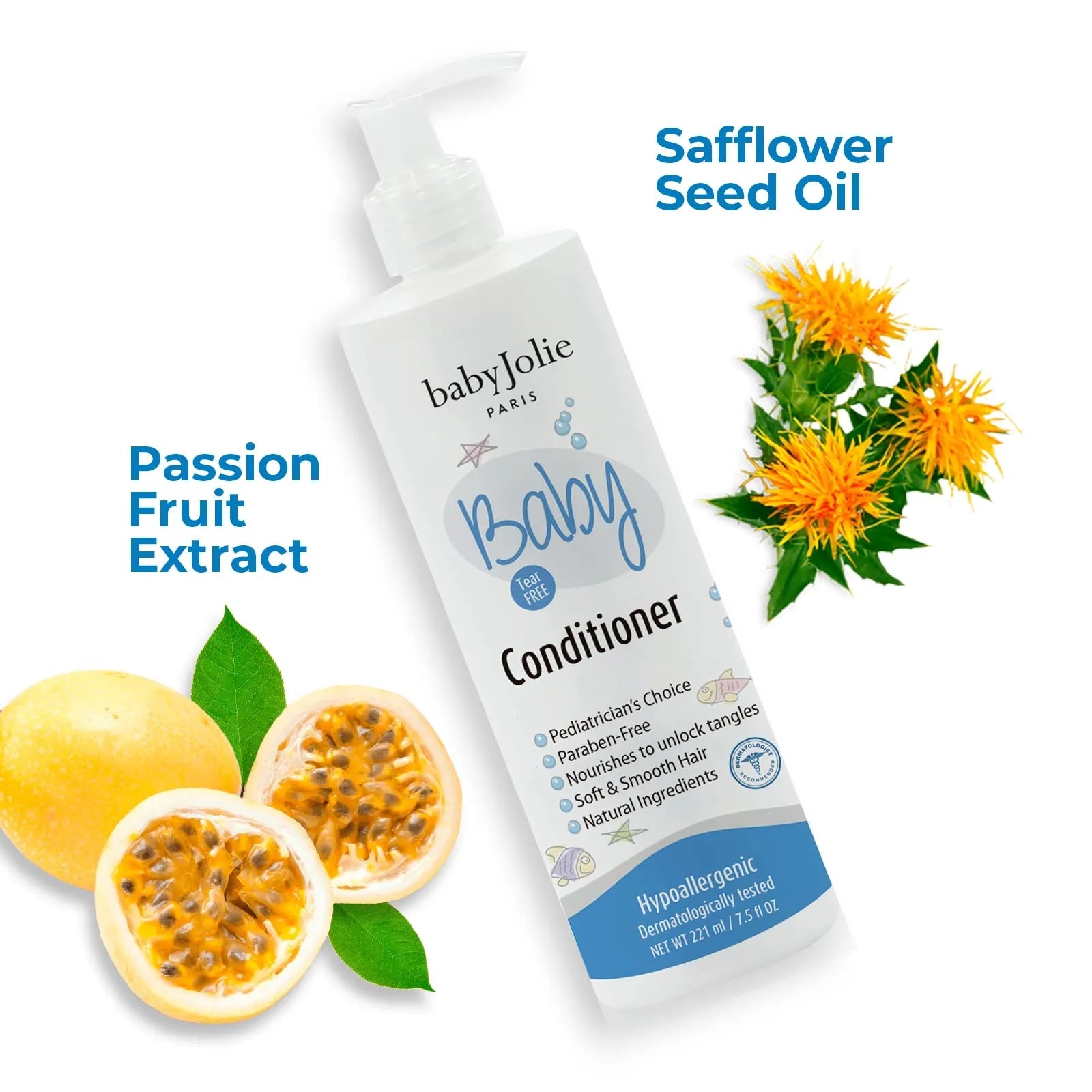 Baby Jolie tear-free conditioner bottle with pump, featuring safflower seed oil and passion fruit extract illustrations.