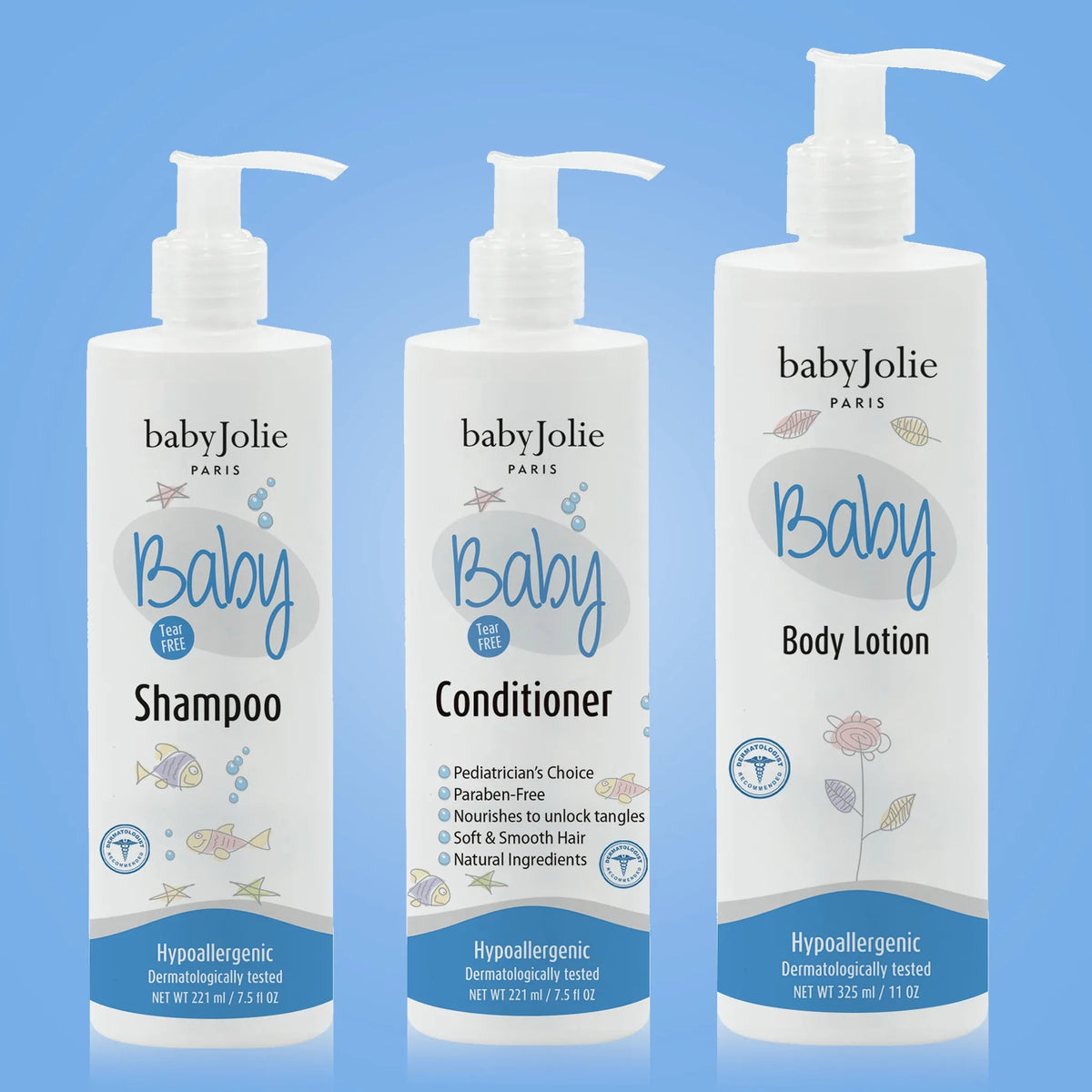 Baby Jolie three-piece baby care bundle featuring white pump bottles of shampoo, conditioner, and body lotion.