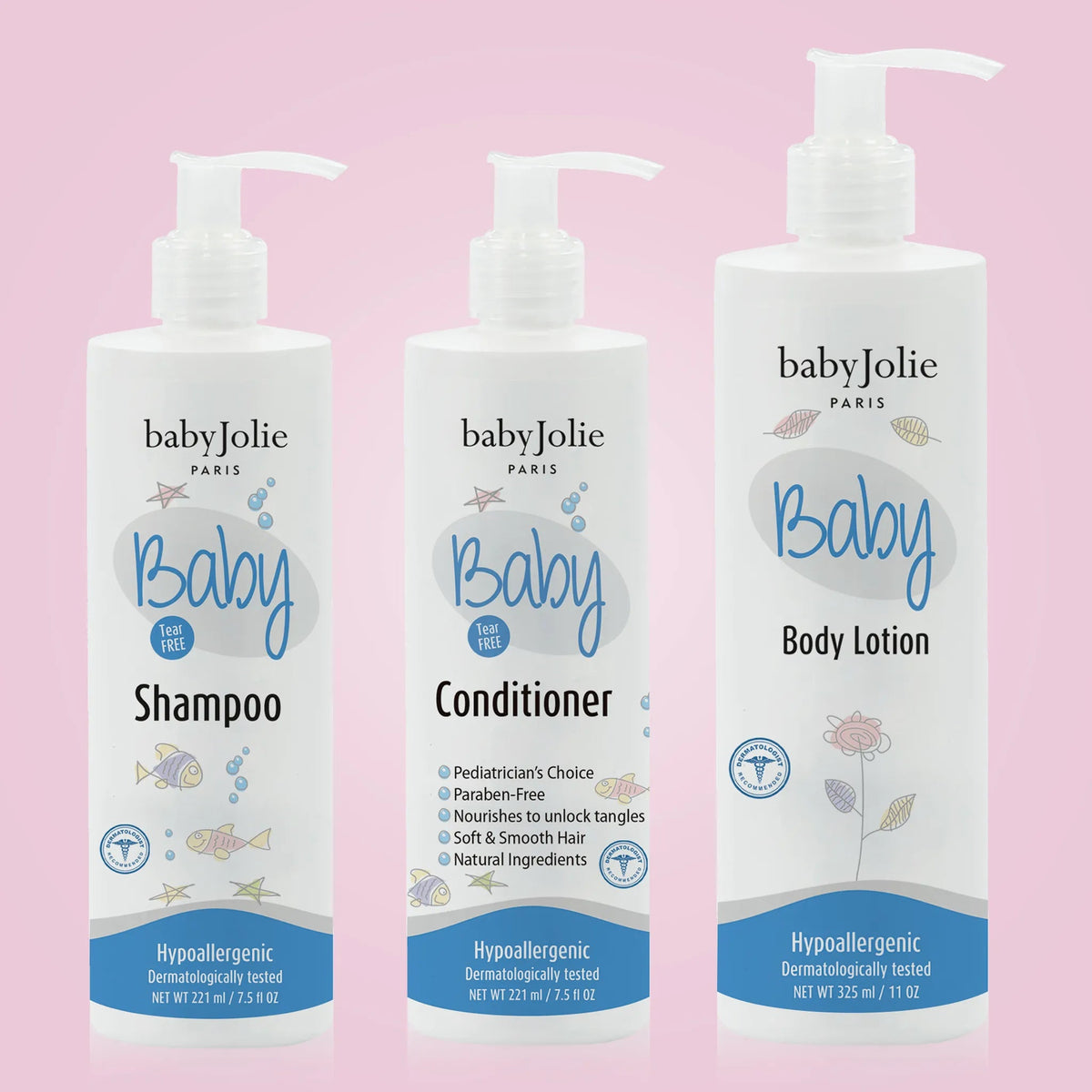 Baby Jolie three-piece baby care bundle featuring white pump bottles of shampoo, conditioner, and body lotion on pink.