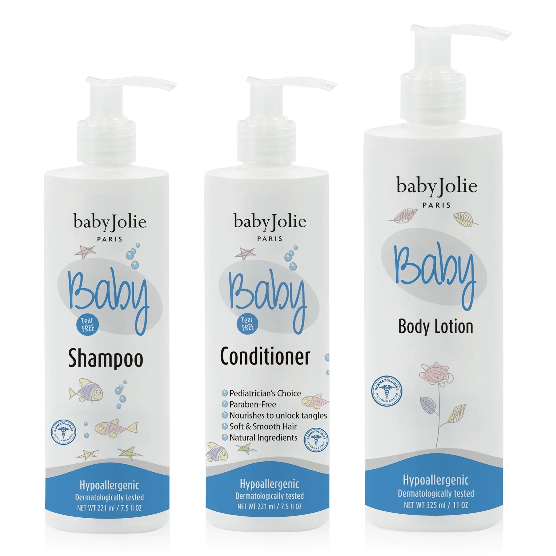 Baby Jolie three-piece baby care bundle featuring white pump bottles of tear-free shampoo, conditioner, and body lotion.