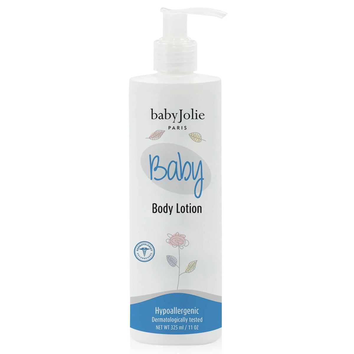 Baby Jolie white 11oz body lotion bottle with a pump dispenser, floral graphics, and a blue hypoallergenic label.