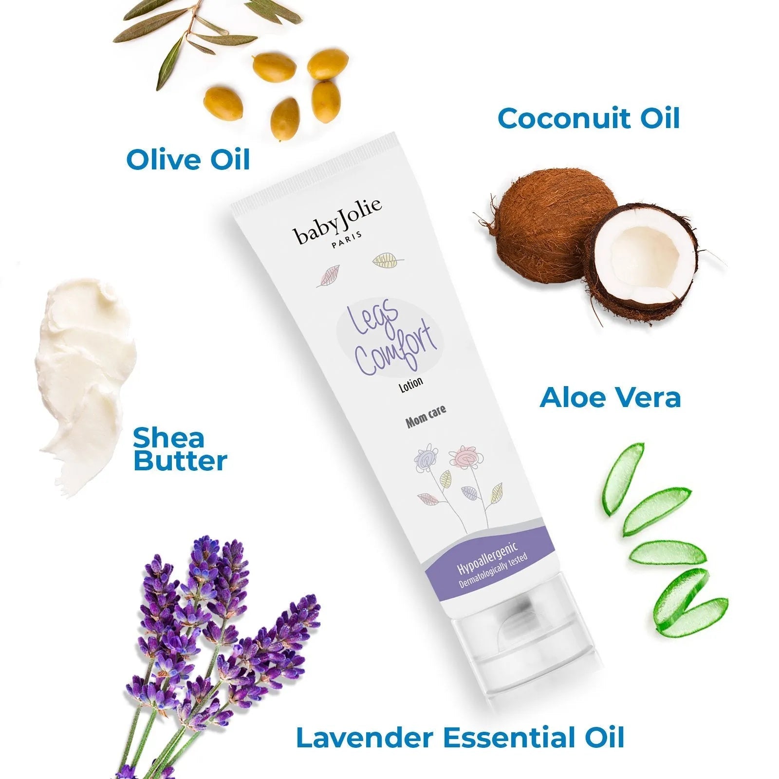 Baby Jolie Legs Comfort lotion tube surrounded by shea butter, coconut, aloe vera, lavender, and olive oil illustrations.